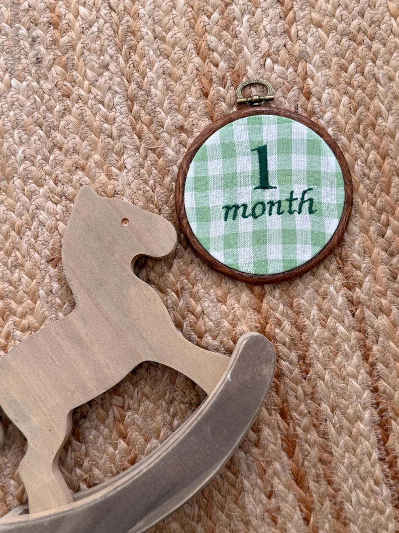 Green Gingham First Year Milestone Hoops | Embroidered Baby Milestone ...