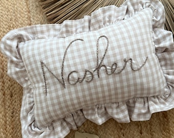 Ruffle Gingham Embroidered Throw Pillow | Personalized Pillow | Throw Pillow | Baby Gift | Neutral Gingham Pillow | Baby Nursery Decor