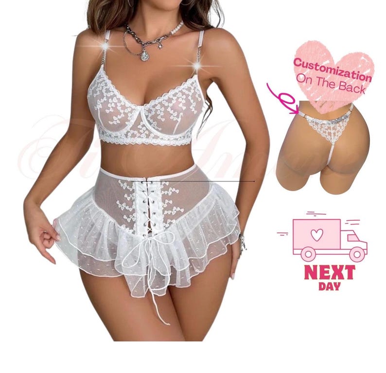 Custom Lingerie - Custom Name Thong - Bra & Panty Set - Bridal Lingerie - Wedding Day Gift - Anniversary Gift - Gifts - Personalized Thong image 1