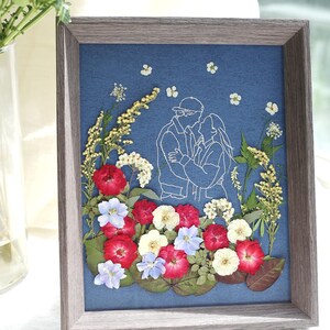 以下が含まれることがあります： 青い背景に、抱き合うカップルの白い線画が描かれた額入りのアートワーク。 赤、白、青のドライフラワーで飾られ、灰色の木製フレームに入っています。 全体的なテーマはロマンスと自然です。
