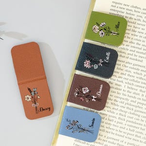 Name Bookmark with Birth Flower,Custom Leather Birth Flower Bookmark,Personalized Magnetic Bookmark,Book Lover Birthday Gift,Book Accessory