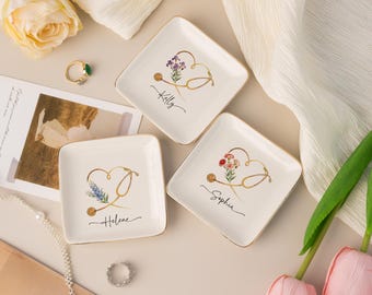 Personalized Nurse Trinket Dish, Custom Birth Flower Ring Dish, Nurse Appreciation Gift, Nurse Graduation Gift, RN Gift, Nurse Week Gift