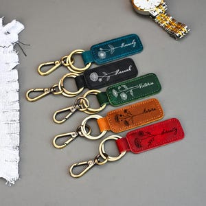 Custom Name Birth Flower Keychain, Dainty Keyring, Leather Keychain, Sister Gift, Best Friend Gift, Anniversary Gift, Small wedding favor