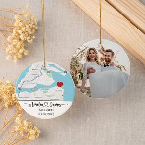 Custom Wedding Map Photo Ornament, Personalized Married Location Keepsake Ornament, Couple Photo Double Sided Ceramic Christmas Ornament
