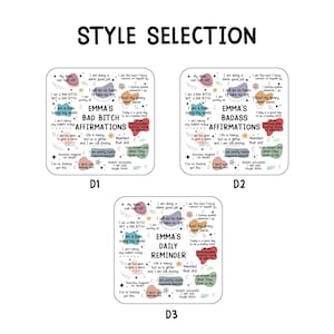 May include: Three square affirmation cards with the text "STYLE SELECTION". The cards read "EMMA'S BAD BITCH AFFIRMATIONS", "EMMA'S BADASS AFFIRMATIONS", and "EMMA'S DAILY REMINDER". Each card has a white background with black text and colorful accents.