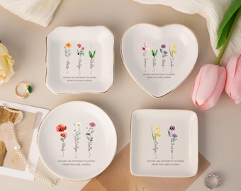Custom Birth Flower Trinket Tray for Sisters,Personalized Jewelry Dish,Sisters Are Different Flower,Gift for Sister,Friend,Mom