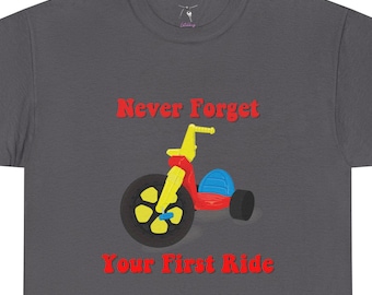 Vergeet nooit je eerste rit - retro T-shirt met groot wiel