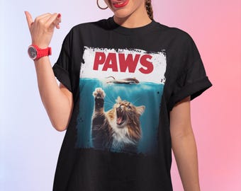 Paws Funny Cat T-Shirt, Jaws Movie Parody, Cat Lover Unisex Tee