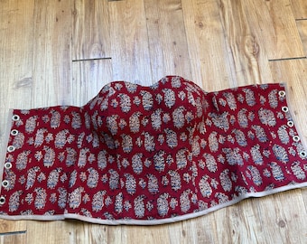 Red Block Printed Bustier Top – Handmade Boho Strapless Corset
