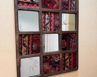 Rustic Wall Mirror with Colorful Woven Fabric, Handmade Square Decor 18*14 in
