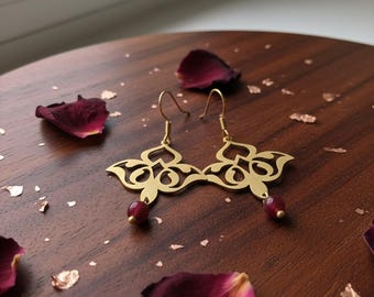 Handmade Brass Boho Earrings, Ornate Filigree Drop Earrings with Red Jasper Bead, Persian Inspired Statement Jewelry, Gift for Her
