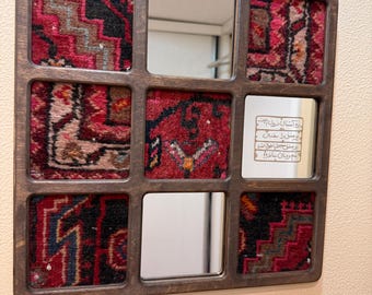 Rustic Wall Mirror with Colorful Woven Fabric, Handmade Square Decor 14x14 in