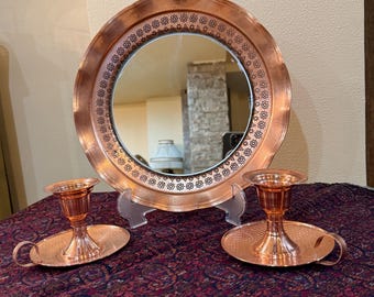 Handcrafted Copper Mirror and Candle Holders Set – Boho Rustic Home Decor