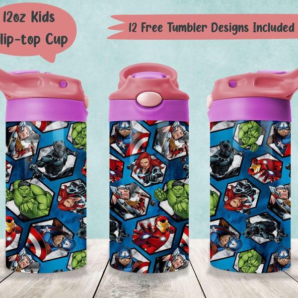 Super Hero 12oz Kids Tumbler Wrap PNG Sublimation Designs, Cartoon Movies 12oz Flip-Top Wrap PNG, Cartoon Characters 12oz Sippy Cup PNG
