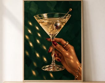 Martini-Wandbild – Discokugel-Cocktailposter, smaragdgrüne Bardekoration