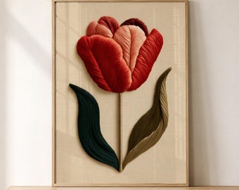 Kunstdruck „Rote Tulpe“, florale Wanddekoration im Stickerei-Stil, botanische Folklore, Cottagecore-Stil