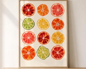 Wandbild mit Zitrusfrüchten, farbenfroher Küchendruck, Poster mit Orange, Zitrone, Limette und Grapefruit