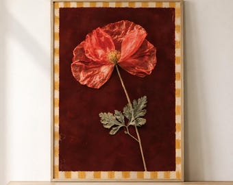 Kunstdruck „Roter Mohn“, Wanddekoration inspiriert von gepressten Blumen, botanische Folklore, farbenfrohes Landhaus-Flair