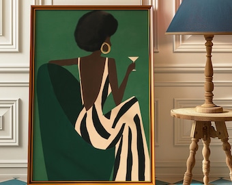 Smaragdgrüner Kunstdruck einer schwarzen Frau – Abstrakte Wandkunst mit Frauenmotiv, Afrozentrische Streifenkunst, Martini-Poster