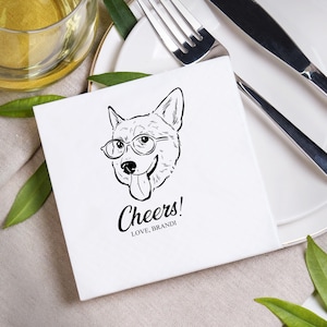 Chien illustré personnalisé | Serviettes de mariage | Serviettes de table personnalisées pour mariage d&#39;animal de compagnie | Serviettes de table personnalisées | Serviettes pour chien | Serviettes de table cocktail pour animaux de compagnie