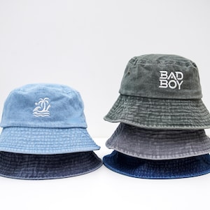 Vintage Wash Bucket Hat | Palmträds-/Bad Boy-broderi | Solskyddshatt för sommaren och stranden 2602