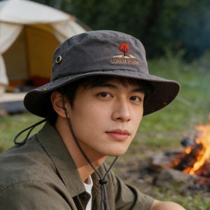 Puede incluir: Una persona con un sombrero de pescador gris con un logotipo de árbol rojo y el texto "LOREM IPSUM". La persona lleva una camisa verde, con una tienda de campaña y una fogata en el fondo. Tema de acampada al aire libre.