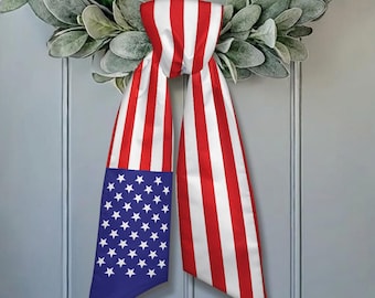 American Flag Wreath Sash, Patriotic USA Door Decor Bow, 4th of July Banner