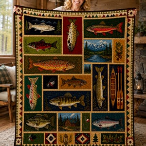 Forelle Fisch Patchwork Quilt, Rustikale Hüttenbettwäsche, Lake House Decke