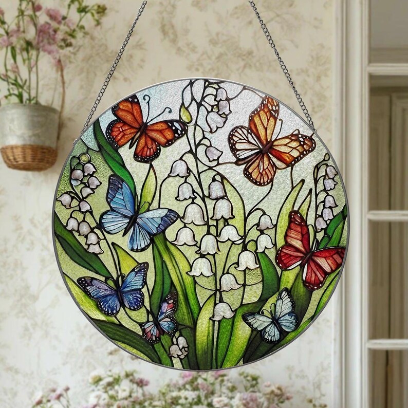 Butterfly Lily of the Valley Glass Window Hanging Suncatcher, Nature ...