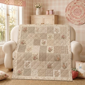 Neutral Floral Patchwork Quilt, Cottagecore Botanical Throw Blanket