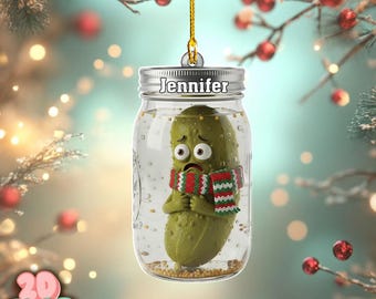 Personalized Christmas 2D FLAT Ornament, Food Tree Decor Gift for Friends, Family, Pickle Lovers, Funny Pickle Ornament in Jar with Scarf
