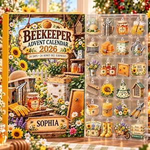 Puede incluir: Un calendario de Adviento Beekeeper 2026 con 24 sorpresas de abejas. La caja muestra una escena de jardín con colmenas, girasoles y el nombre Sophia. Una bandeja de plástico transparente exhibe 24 adornos en miniatura, tarros y herramientas.