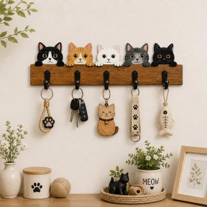 Porta-chaves de gato, decoração de parede para amantes de gatos, organizador de entrada com tema de gatinho, presente para amantes de animais de estimação, decoração rústica para casa.