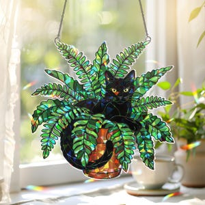 Black Cat Sitting On Potted Fern Hologram Acrylic Window Hanging, Black Cat Suncatcher, Gift For Cat Lover