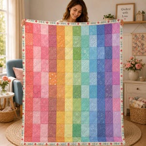 May include: A rectangular quilt featuring a vertical rainbow gradient composed of small, multi-patterned fabric squares. The quilt is bordered by a white trim decorated with a repeating pattern of small red and blue flowers.