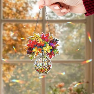 Autumn Leaves Acrylic Window Hanging, Fall Hologram Suncatcher, Colorful Leaf Vase Decor, Seasonal Window Art, Cozy Autumn Home Gift