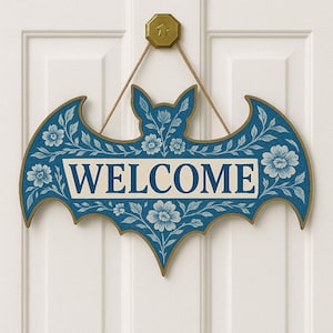 Bat Welcome Sign, Chinoiserie Wooden Door Decor, Blue Floral Halloween Decoration, Gothic Entryway Plaque, Spooky Farmhouse Accent