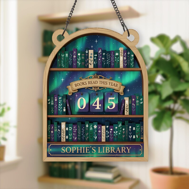 Aurora Borealis reading tracker, wooden book tracker sign, personalized bookshelf decor, custom book count display, reader gift