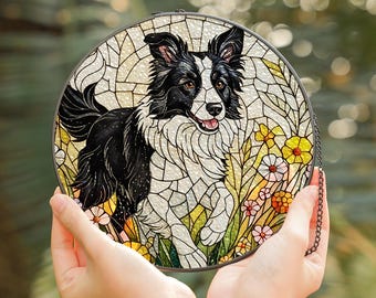 Border Collie Glass Suncatcher, Stained Glass Dog Window Hanging, Dog Lover Gift, Floral Pet Art Sun Catcher