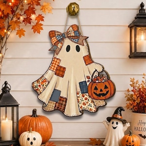 Lapptäcke Spökdörrhängare, Rustik Halloween Höstdekorationsskylt