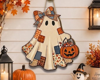 Colgante de puerta con diseño de fantasma de patchwork, letrero de decoración rústica de Halloween para otoño.