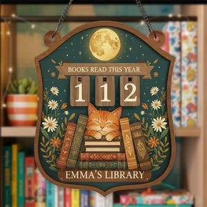 May include: Wooden sign with a teal background, a full moon, and the text "BOOKS READ THIS YEAR" above the numbers "112". A sleeping orange tabby cat rests on a stack of books, with the text "EMMA'S LIBRARY" below.
