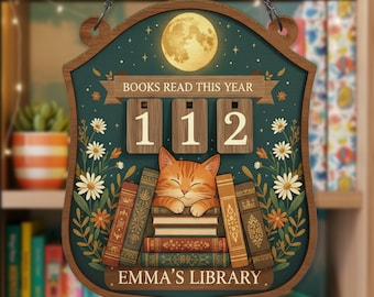 Personalized Cat Reading Tracker Sign, Books Read This Year Wooden Sign, Personalized Library Decor, Gift for Book Lovers and Readers