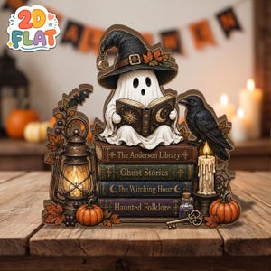 Op de afbeelding: Een gelaagde houten decoratie met een witte geest die een zwarte heksenhoed draagt en een boek leest. De geest zit op een stapel van vier boeken met de titels The Anderson Library, Ghost Stories, The Witching Hour en Haunted Folklore, met een lantaarn, een zwarte kraai, een kaars, pompoenen en een sleutel.