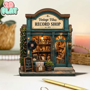 Op de afbeelding: Miniatuurmodel van een platenwinkel met een turquoise gevel, met de tekst "Vintage Vibes RECORD SHOP est. 2024." Een bord leest "Good Beats Guaranteed." De winkel heeft een plaat aan de muur en een display van platen.