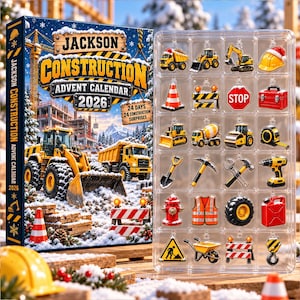 Personalized Construction Advent Calendar 2026, 24 Day Construction Vehicle Blind Box, Custom Name Christmas Gift for Kids