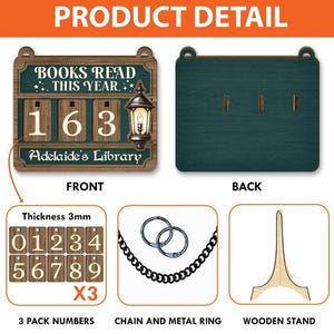 May include: A wooden sign with the text "BOOKS READ THIS YEAR" and the number "163". Includes a decorative lantern, a set of number tiles, a chain, and a wooden stand. The sign is labeled "Adelaide's Library".