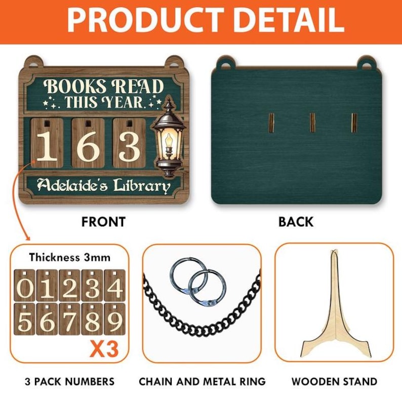 May include: A wooden sign with the text "BOOKS READ THIS YEAR" and the number "163". Includes a decorative lantern, a set of number tiles, a chain, and a wooden stand. The sign is labeled "Adelaide's Library".