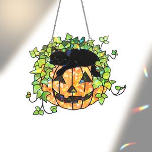 Black Cat Sleeping on Ivy Hologram Ornament, Halloween Cat ACRYLIC Window Hanger, Plant Lover Gift, Pumpkin Ivy Plants Decor, Cozy Cat Decor