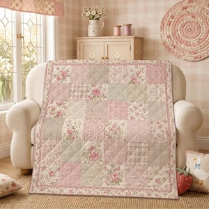 Pink Rose Quilt, Romantic Floral Patchwork Blanket, Cottage Bedroom Decor